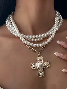 New Pearl Cross Necklace  Multi-Strand with Gold Cross Pendant- Imitation Pearls